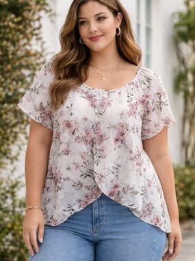 autres filles Romantic Women's Floral Scoop Neck Blouse in White & Blush Pink